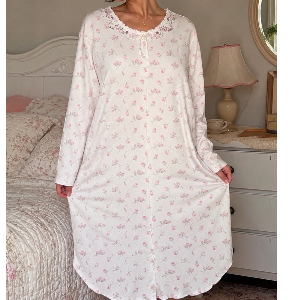 Aria Size Large White Pink Floral Nightgown Cottagecore Coquette Sleep Dress